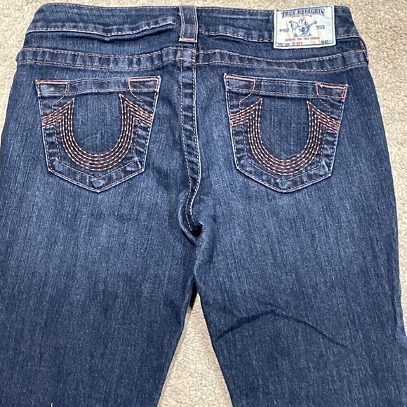 TRUE RELIGION SKINNY Jeans Womens 27 Dark Wash Blue Low Rise Embroidered Pockets - Picture 2 of 13